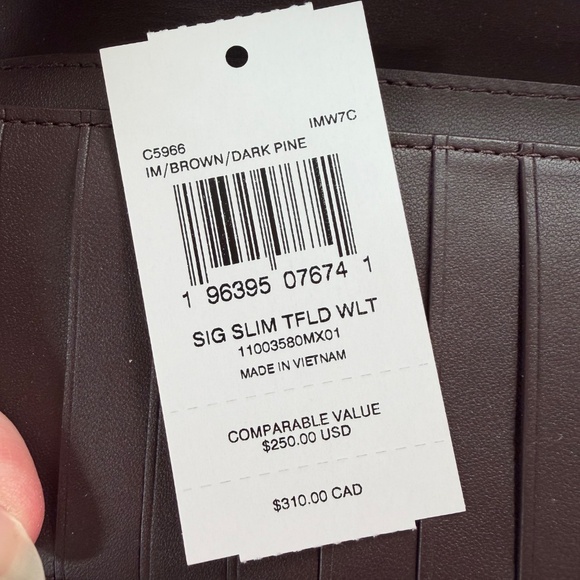 Coach Signature Slim Trifold Snap Wallet in Brown Canvas/Dark Pine - Picture 5 of 11